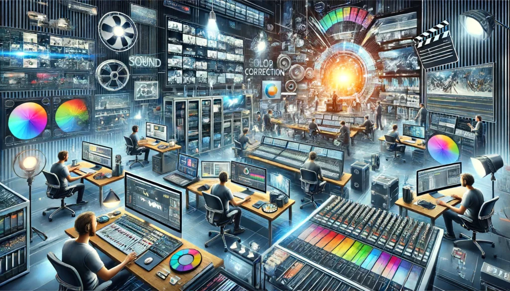 Futuristic concept art of a filmmaking studio equipped with AI and virtual production tools, illustrating the potential future of special effects.