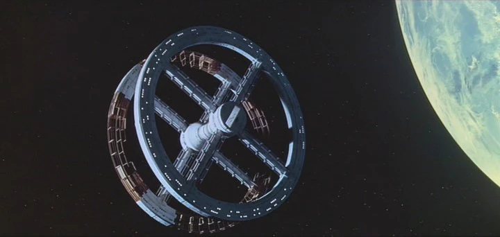 The iconic rotating space station scene from 2001: A Space Odyssey (1968), demonstrating the realistic depiction of zero-gravity environments