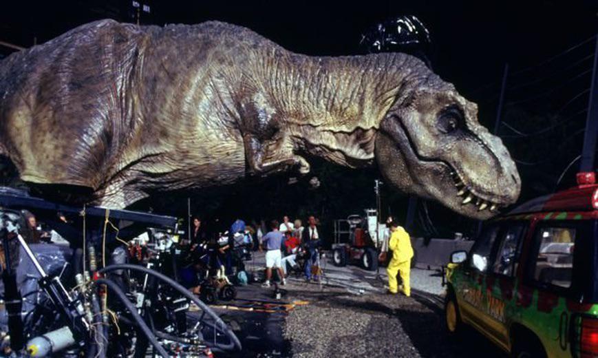 A lifelike T-Rex roaring in Jurassic Park (1993), showcasing the seamless combination of CGI and animatronics.