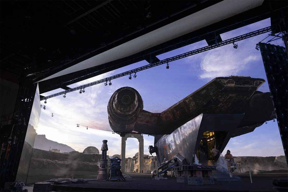 A behind-the-scenes look at the LED volume technology used in The Mandalorian, with actors performing against a dynamic digital background