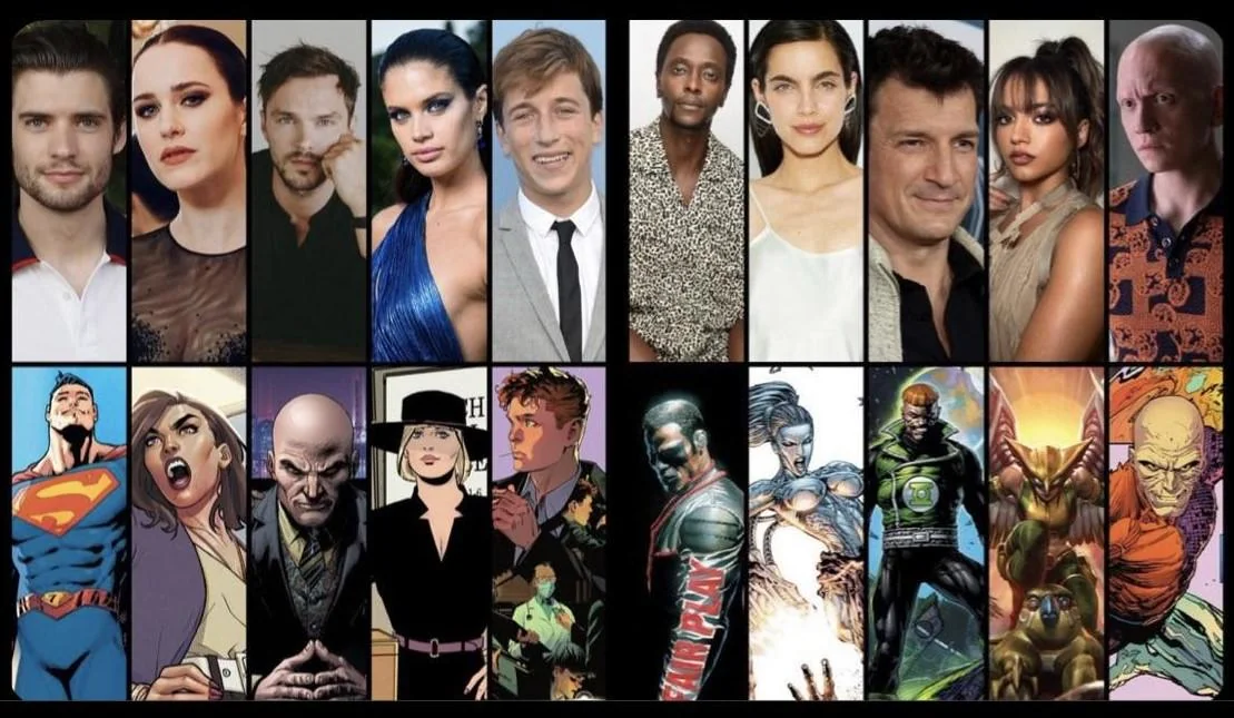 Collage of cast members of Superman 2025, featuring [Actor’s Name] as Superman and [Rachel Brosnahan] as Lois Lane.